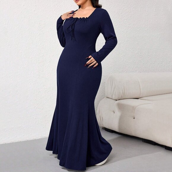 Dark Blue Elegant Maxi Dress – Long Sleeve Slim Fit High Waist Evening Gown - Picture 4 of 6